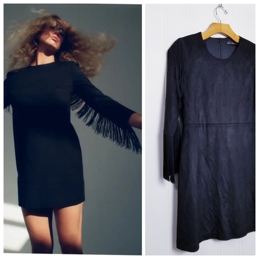 Zara Fringed Mini Dress Size M Faux Suede Long Sleeve Western Festival Black LBD